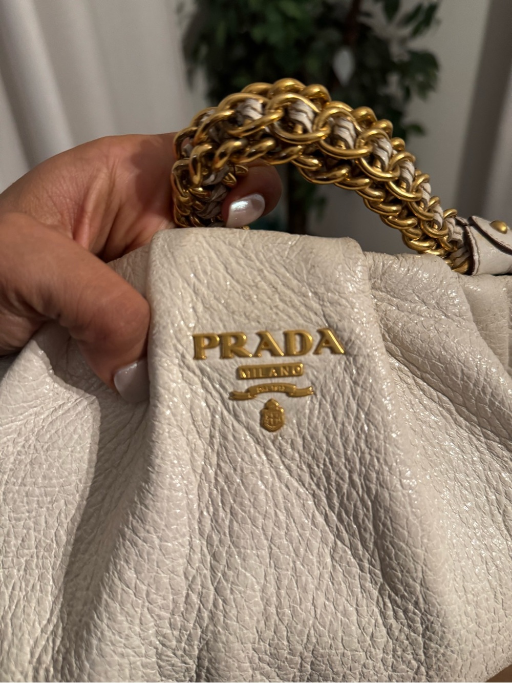 PRADA Cervo Lux Chain Hobo Shoulder Bag Leather Cream GHW PREOWNED - Picture 10 of 16